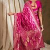 Pink Woven Floral Work Banarasi Silk Saree Set - Image 5
