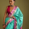 A Gquareen Saree In Tussar Silk With Gold And Pink Woven Border And Striped Pallu Design - Image 4
