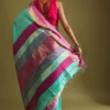 A Gquareen Saree In Tussar Silk With Gold And Pink Woven Border And Striped Pallu Design - Image 3
