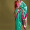 A Gquareen Saree In Tussar Silk With Gold And Pink Woven Border And Striped Pallu Design - Image 5
