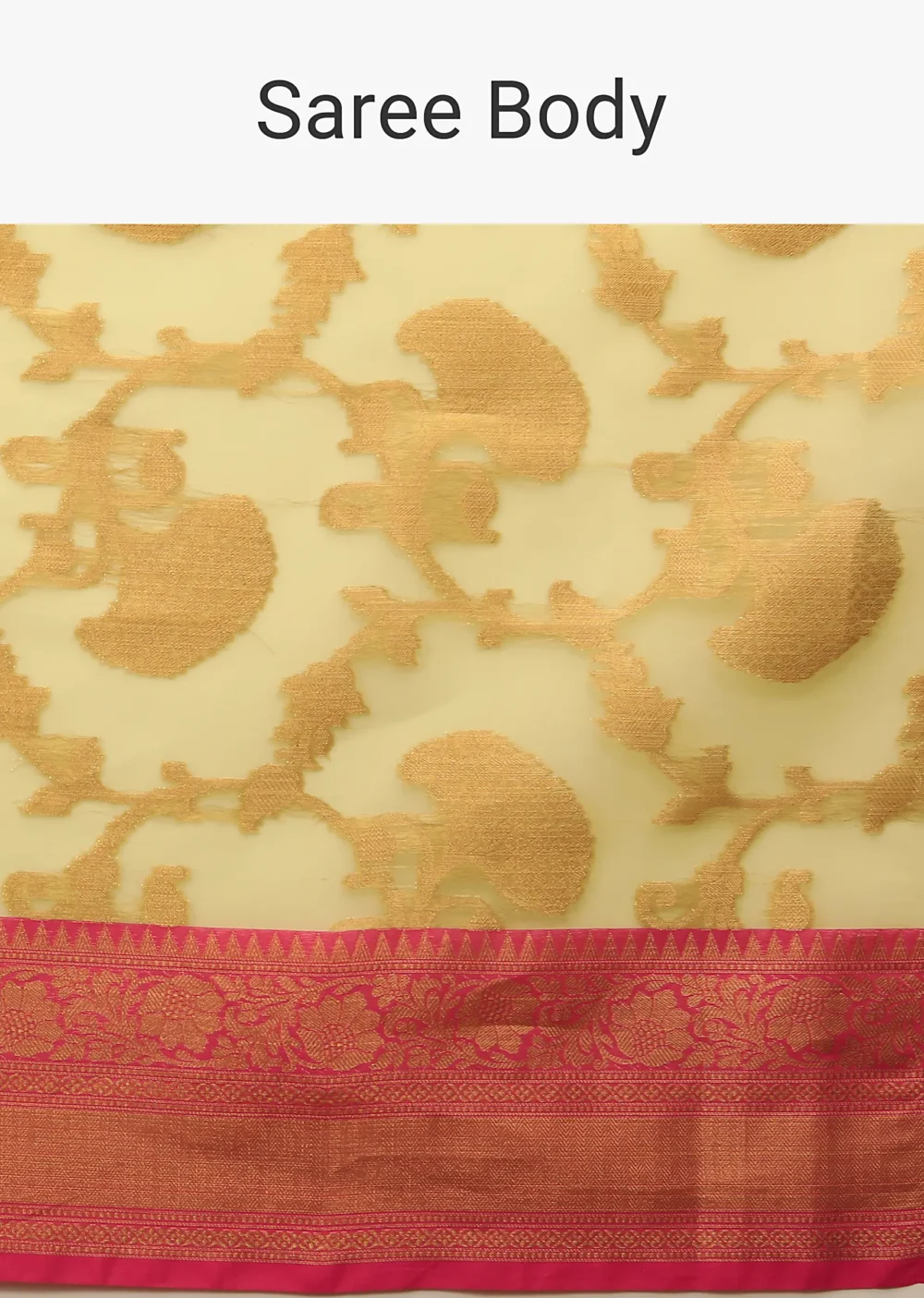 Celery Green Saree In Organza Silk With Golden Brocade Woven Floral Jaal And Magenta Border Design - Image 7