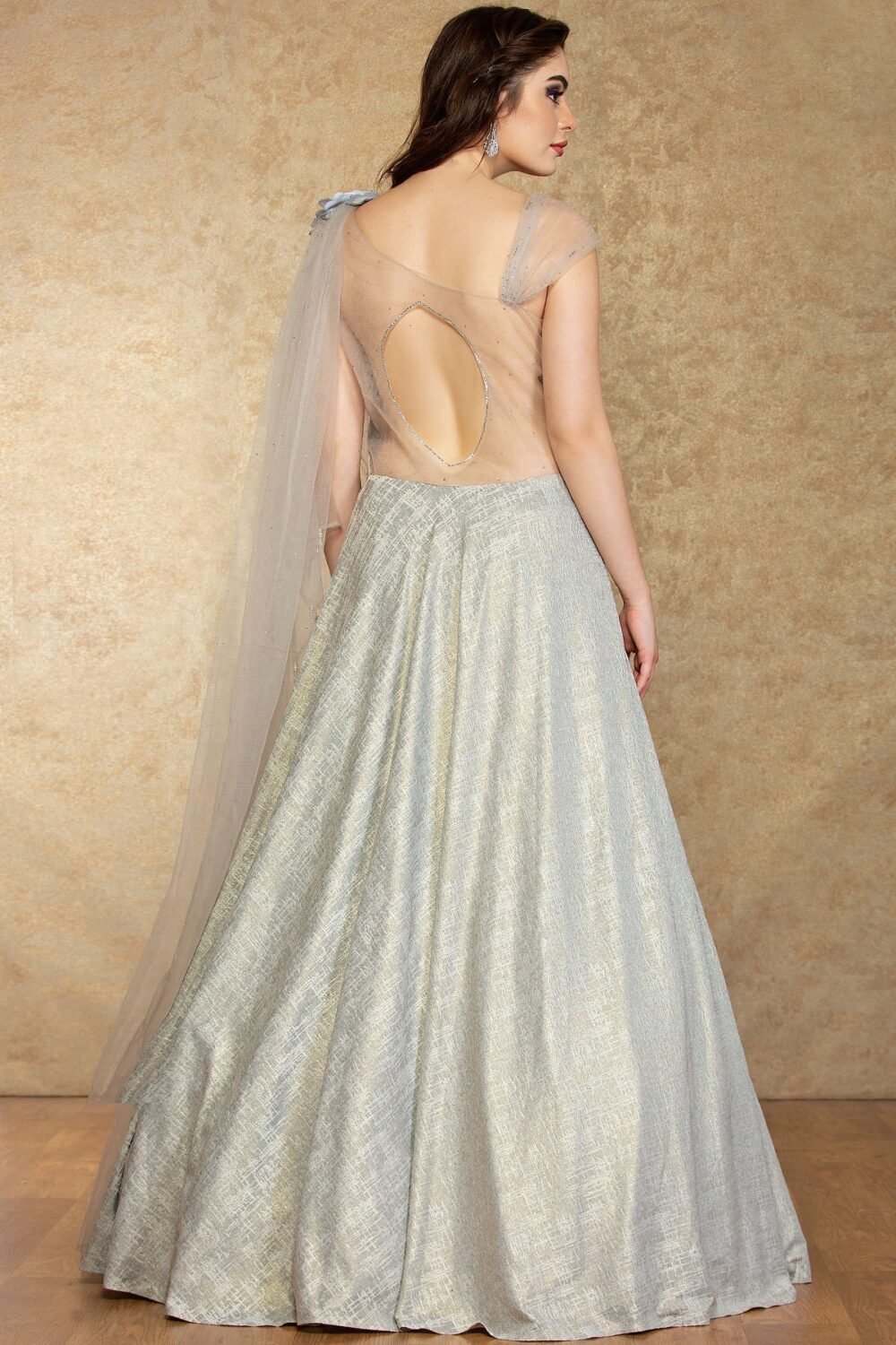 Light Grey Applique Embroidered Silk Evening Gown - Image 5