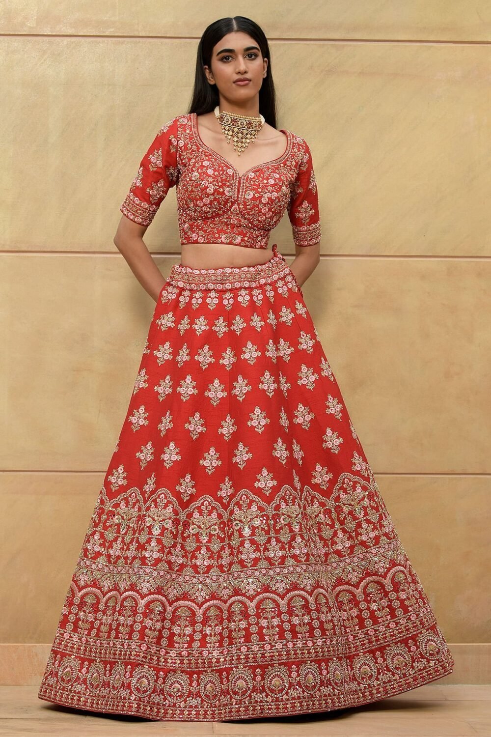 Persian Red Zari Embroidered Raw Silk Bridal Lehenga - Image 5