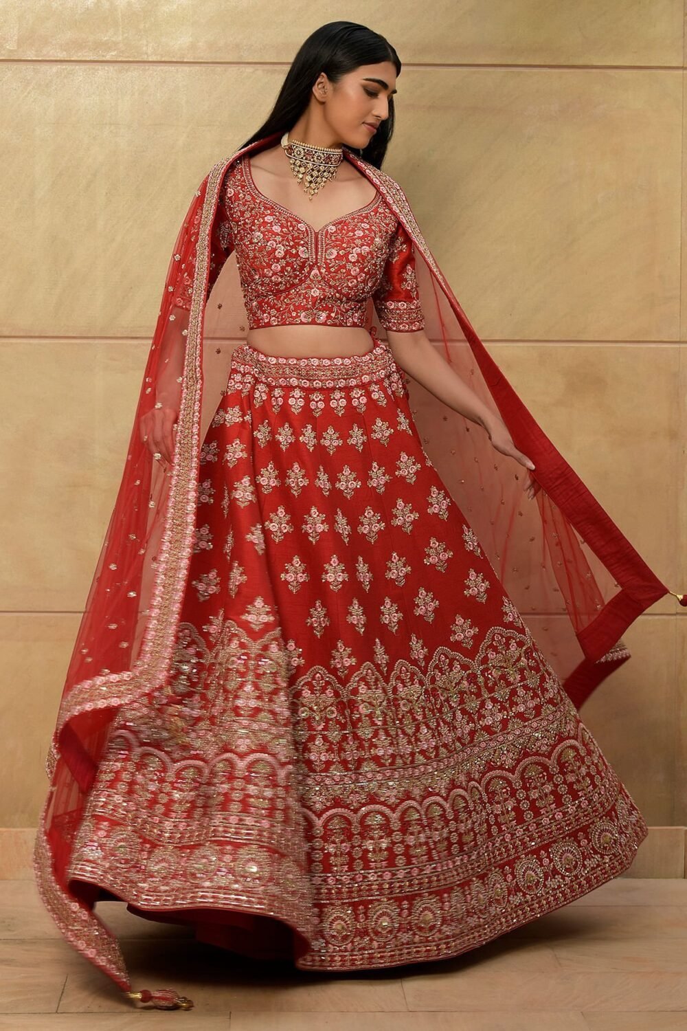 Persian Red Zari Embroidered Raw Silk Bridal Lehenga - Image 4