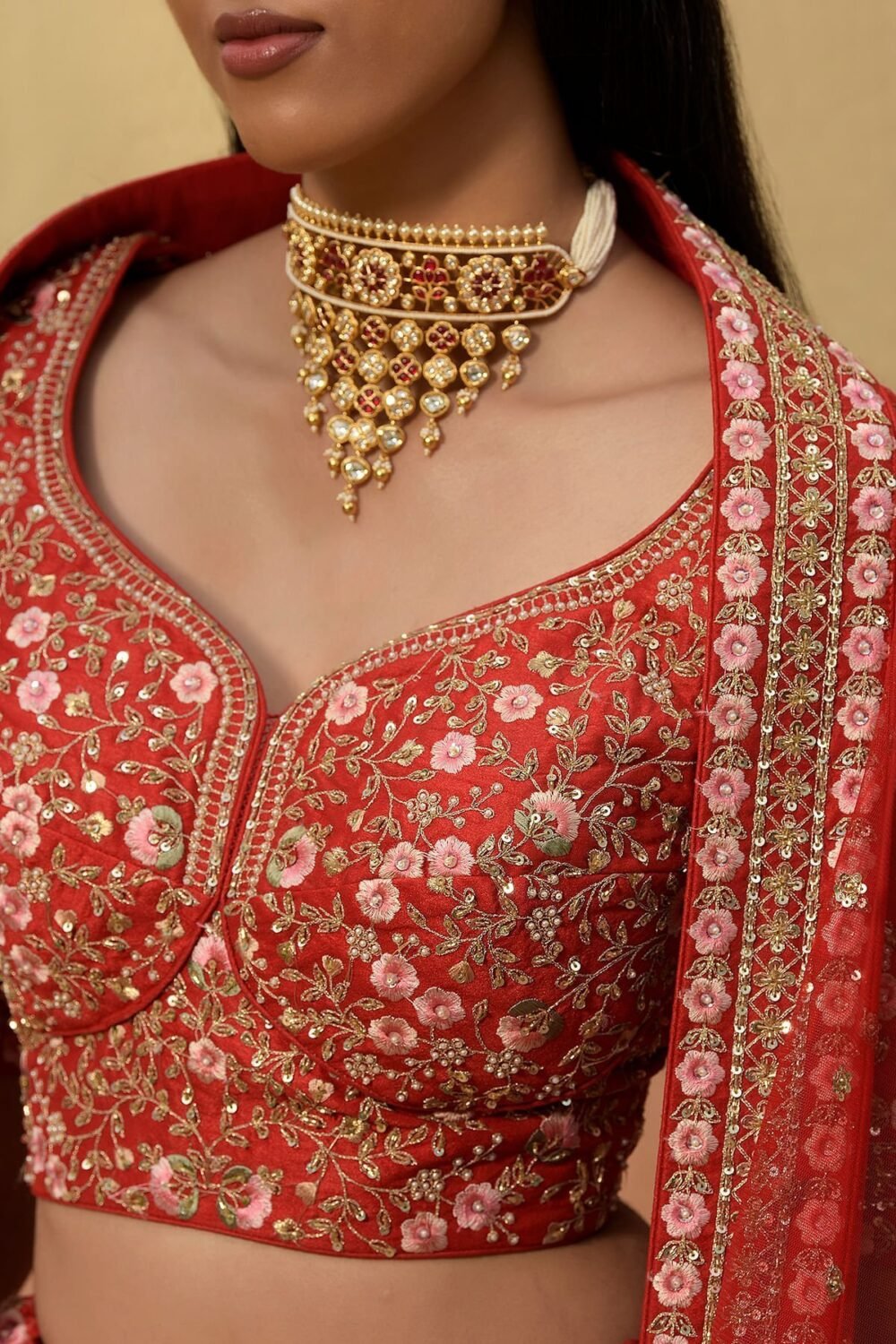 Persian Red Zari Embroidered Raw Silk Bridal Lehenga - Image 3