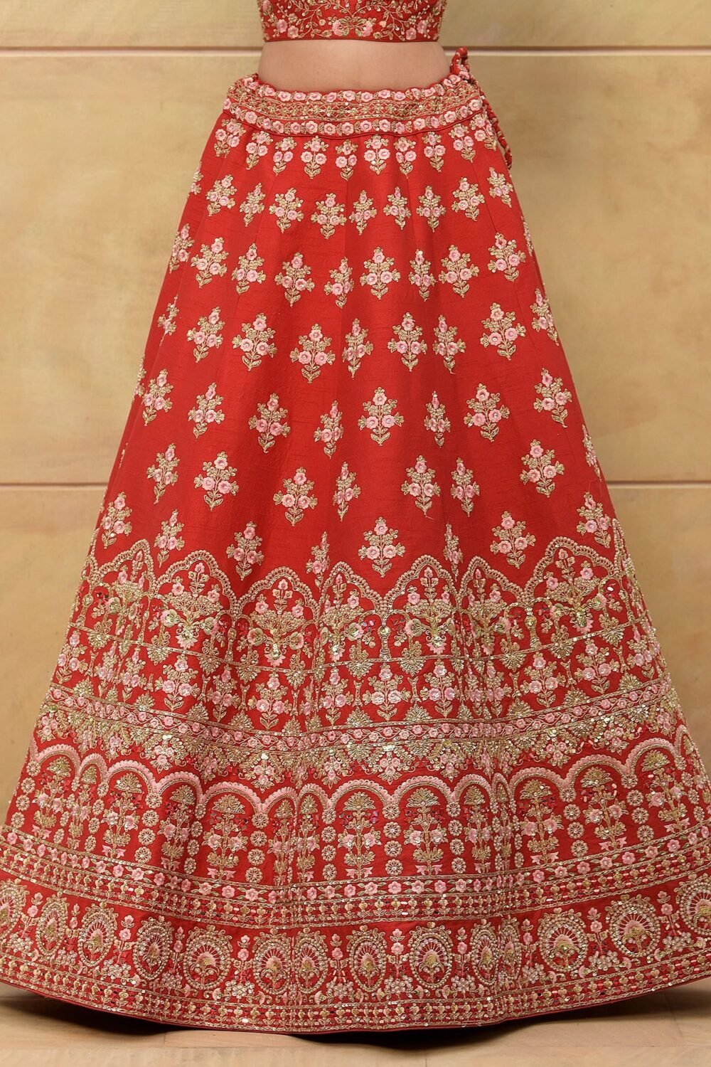 Persian Red Zari Embroidered Raw Silk Bridal Lehenga - Image 6