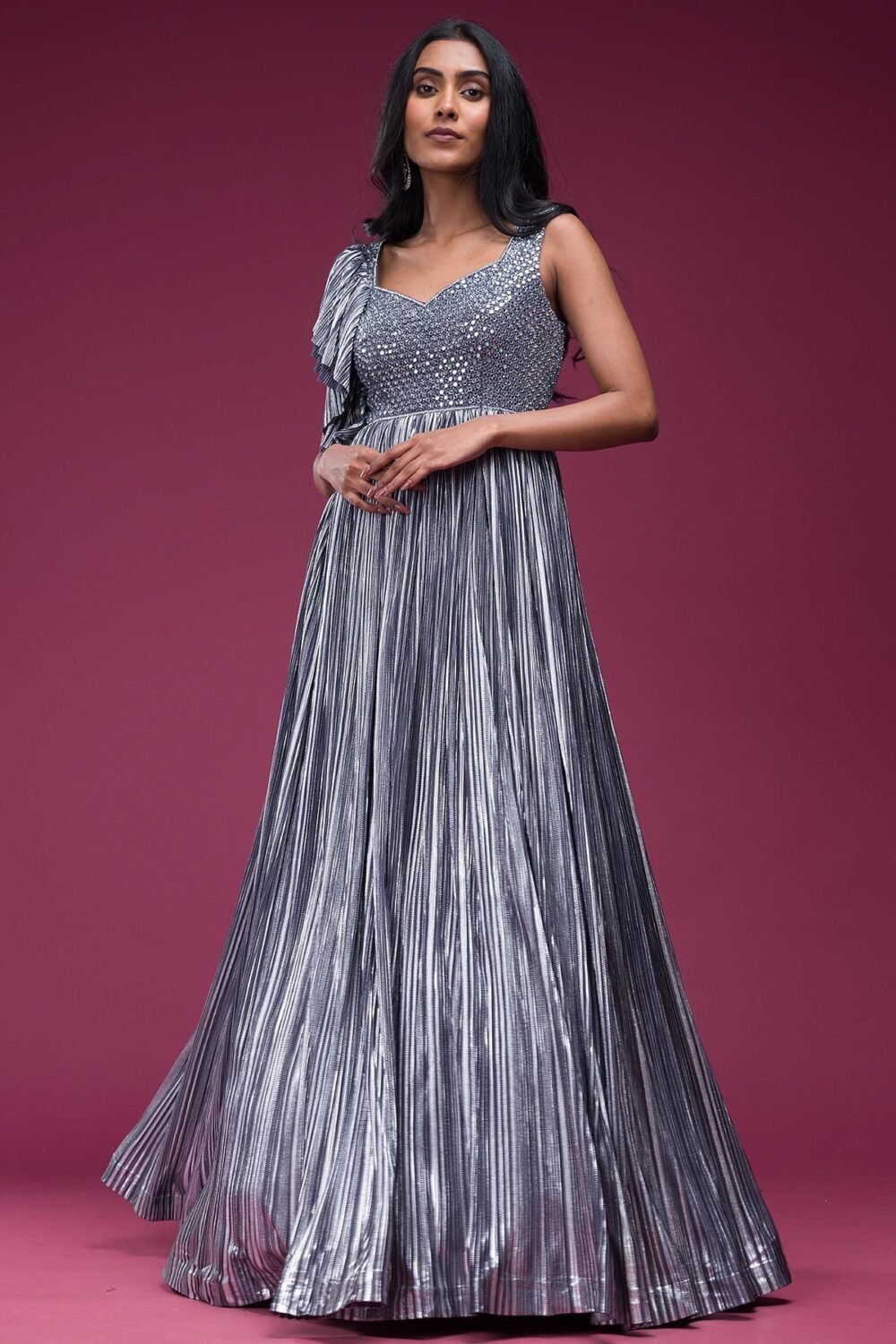Grey Mirror Embroidered Silk Evening Gown - Image 3