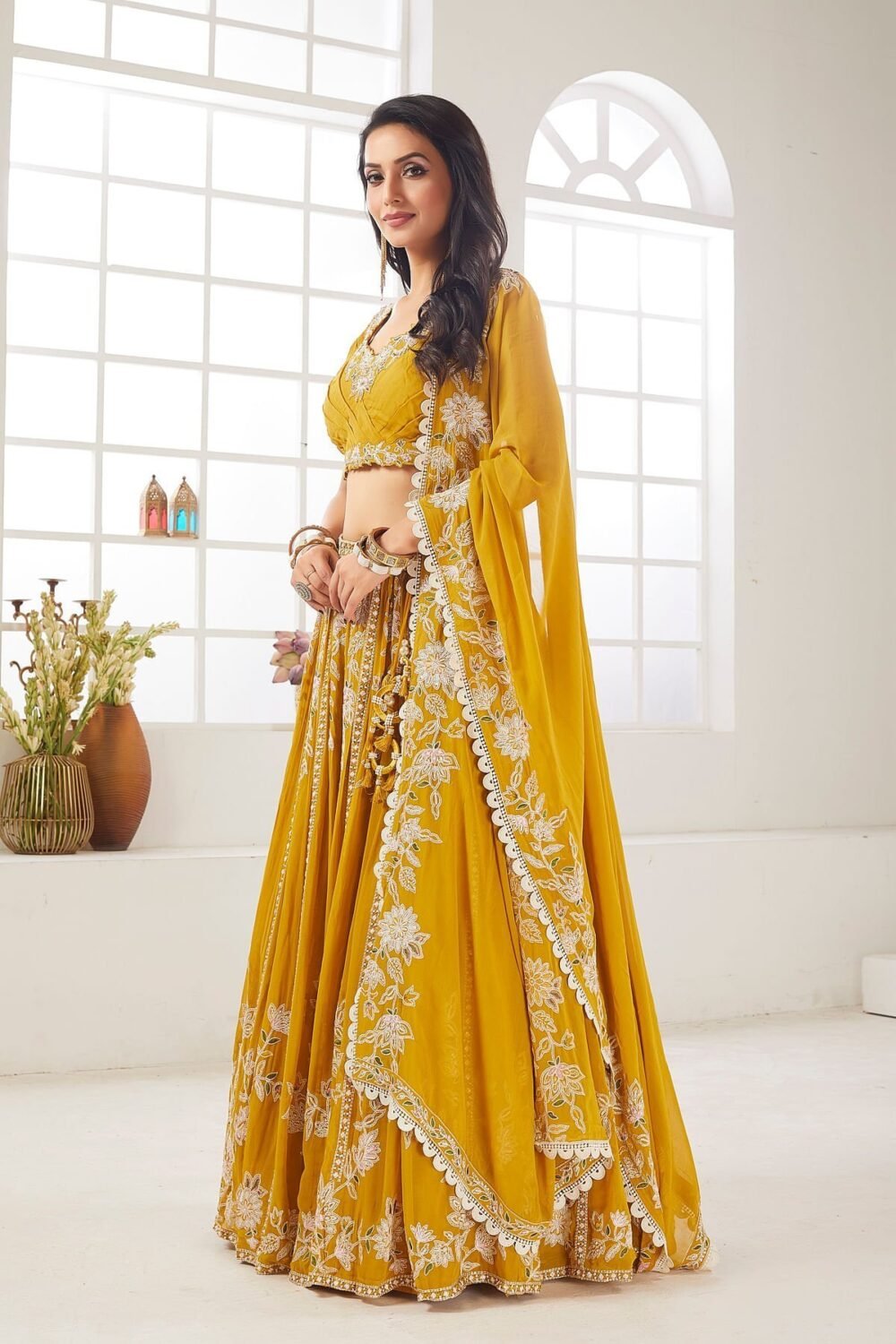 Spectra Yellow Sequins Embroidered Georgette Crop Top Lehenga - Image 3