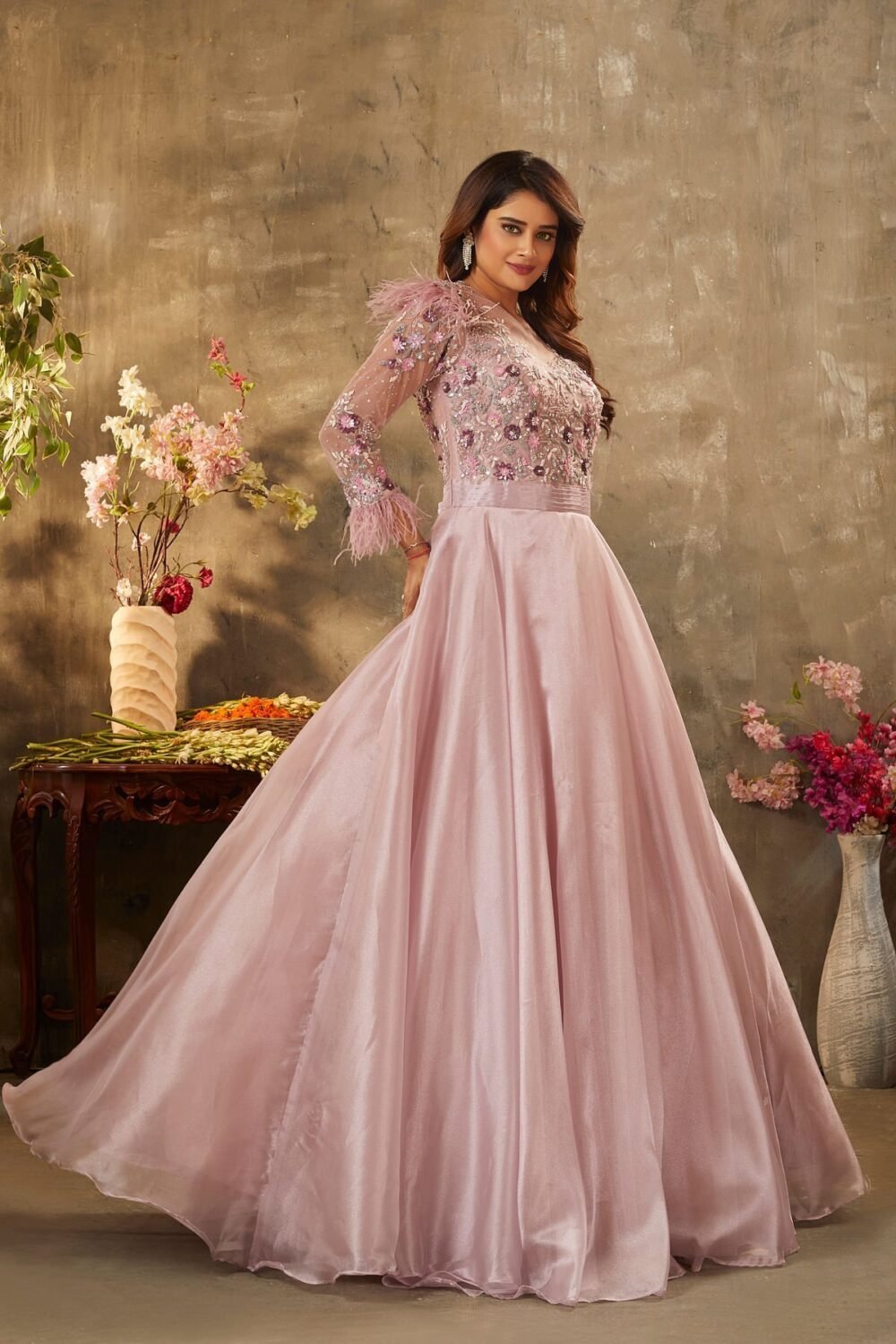 Bridal Rose Pink Sequins Embroidered Shimmer Organza Cocktail Gown - Image 5
