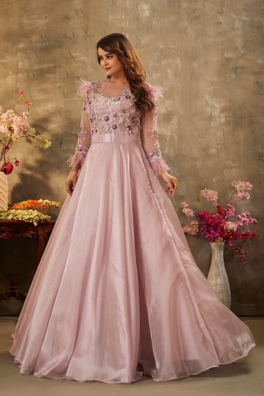 Bridal Rose Pink Sequins Embroidered Shimmer Organza Cocktail Gown - Image 4