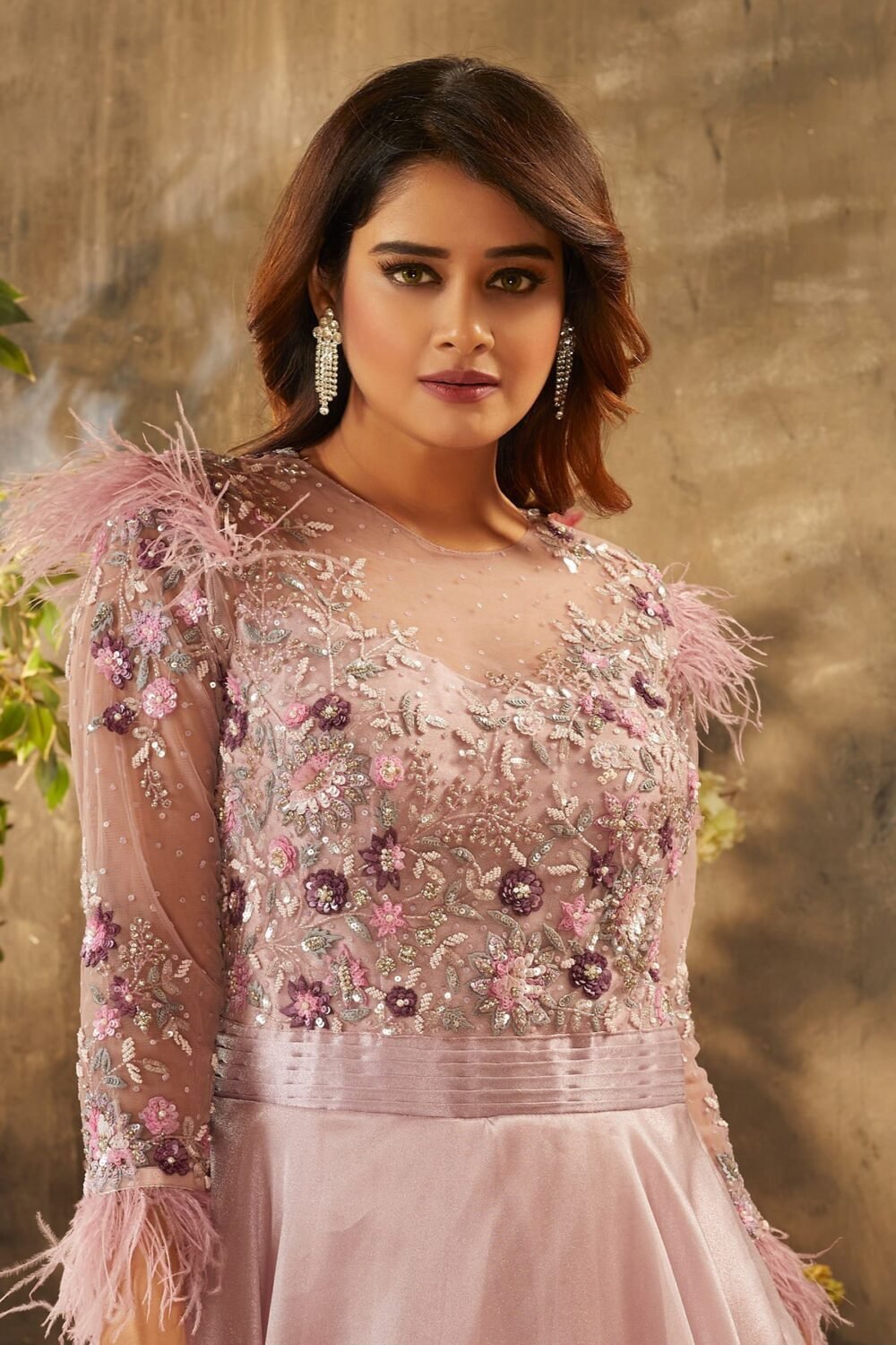 Bridal Rose Pink Sequins Embroidered Shimmer Organza Cocktail Gown - Image 3