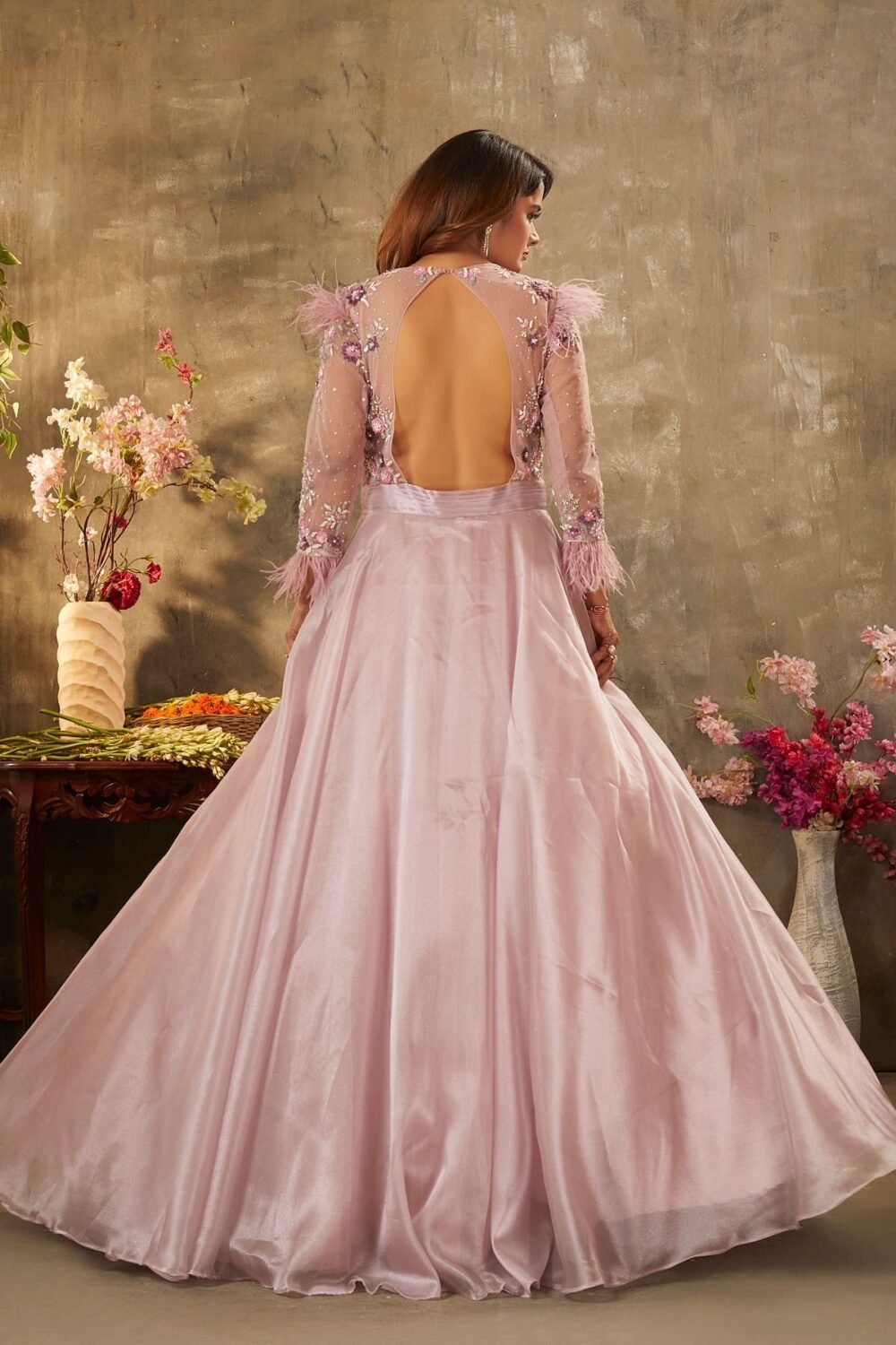 Bridal Rose Pink Sequins Embroidered Shimmer Organza Cocktail Gown - Image 6