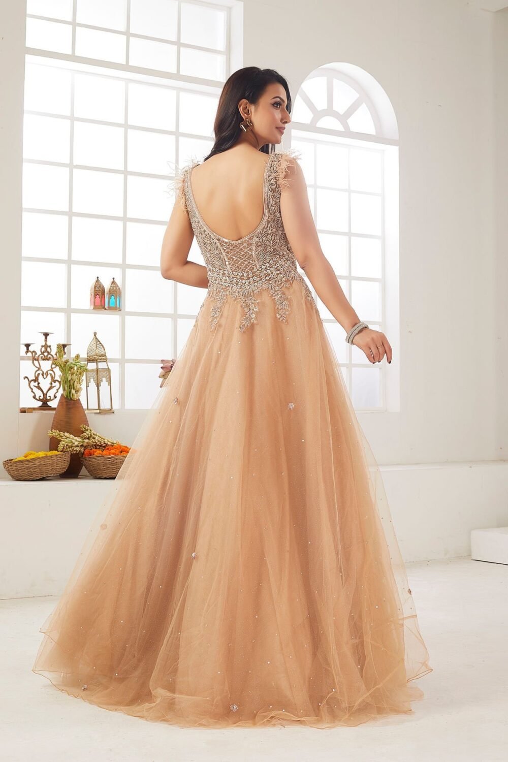 Warm Taupe Sequins Embroidered Net Cocktail Gown - Image 6
