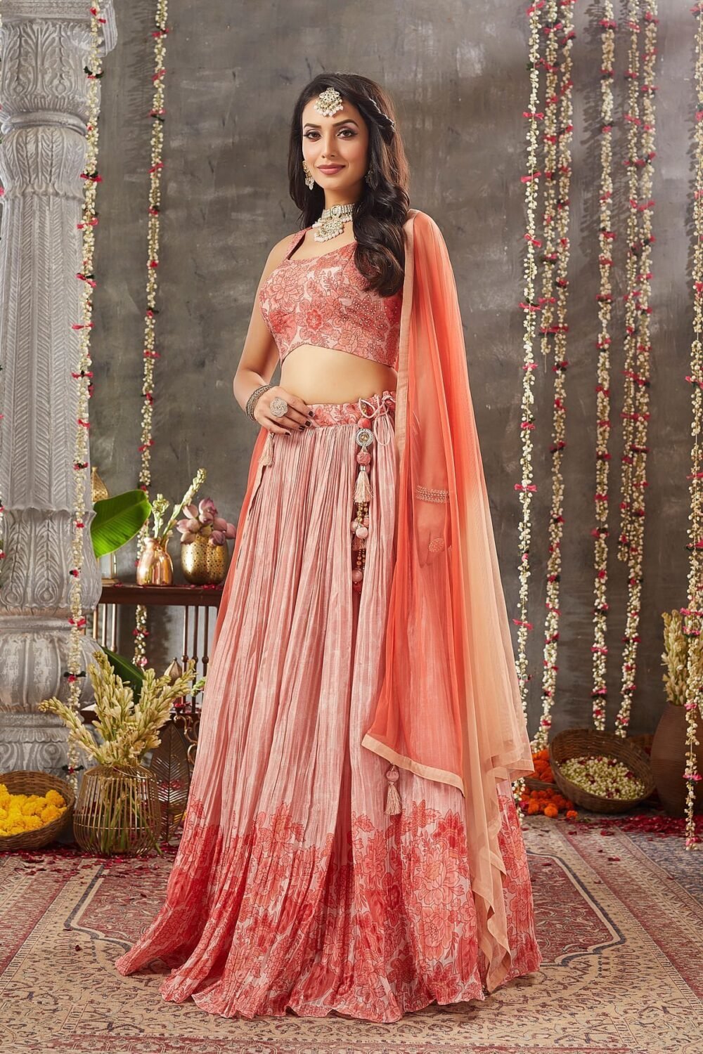 Peach Pearl Sequins Embroidered Crepe Party Wear Lehenga - Image 4