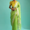 Parrot Green Saree In Linen With Silver Brocade Border And Striped Pallu Along With Yellow Unstitched Blouse