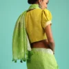 Parrot Green Saree In Linen With Silver Brocade Border And Striped Pallu Along With Yellow Unstitched Blouse - Image 5