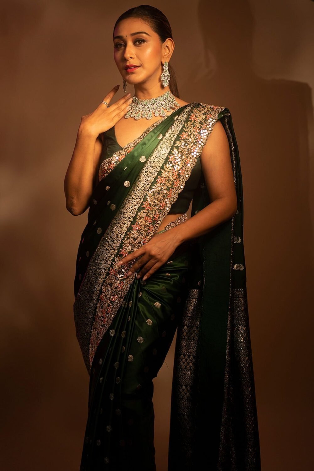 Castleton Green Zari Woven Floral Motif Satin Silk Saree - Image 4