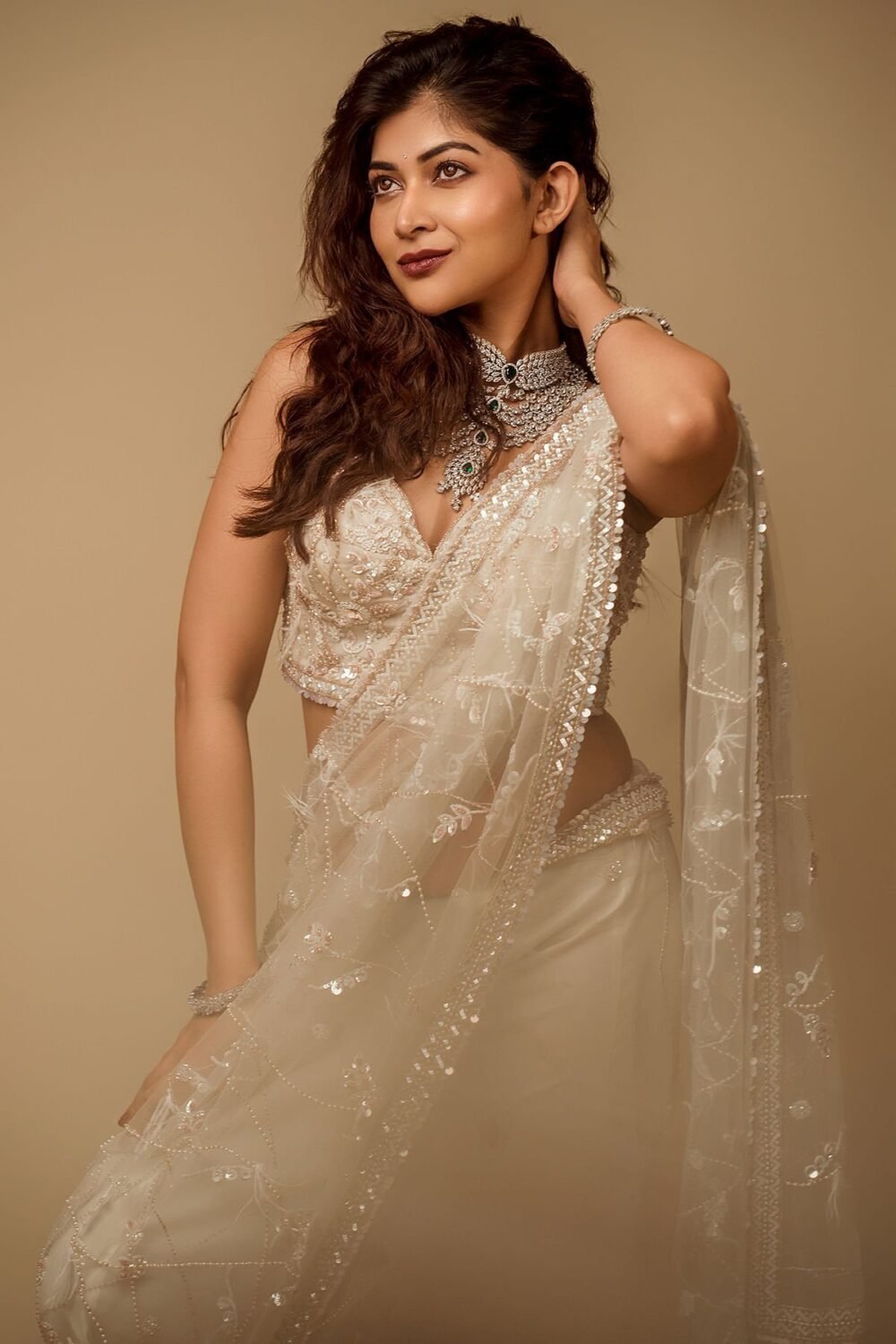 Coconut Milk Beige Pearl Embroidered Net Saree - Image 5