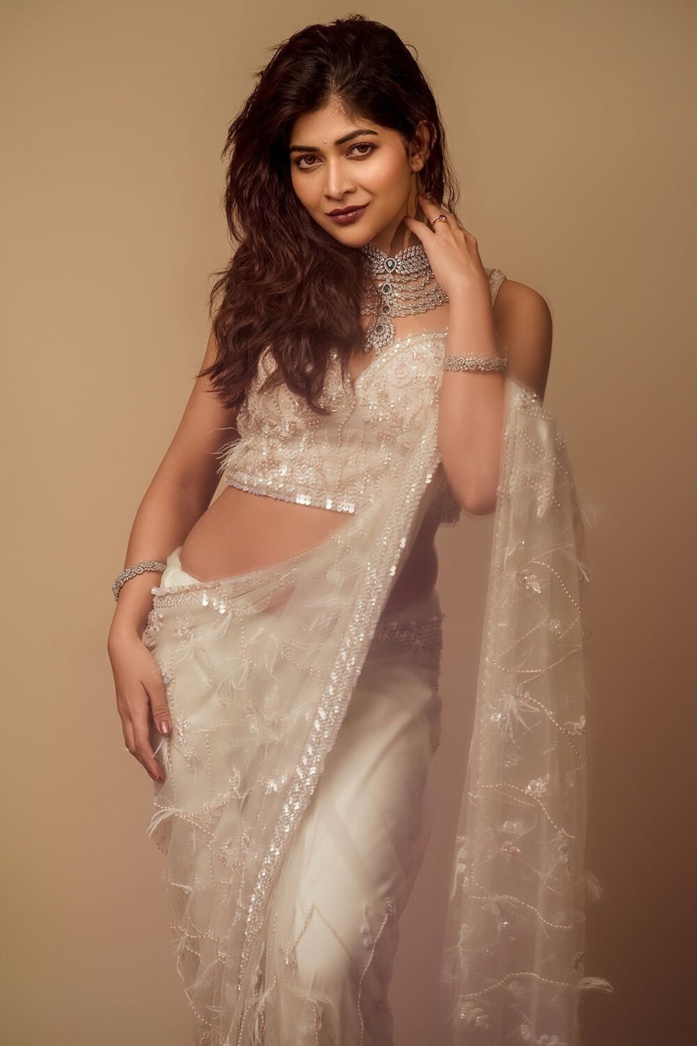 Coconut Milk Beige Pearl Embroidered Net Saree - Image 4