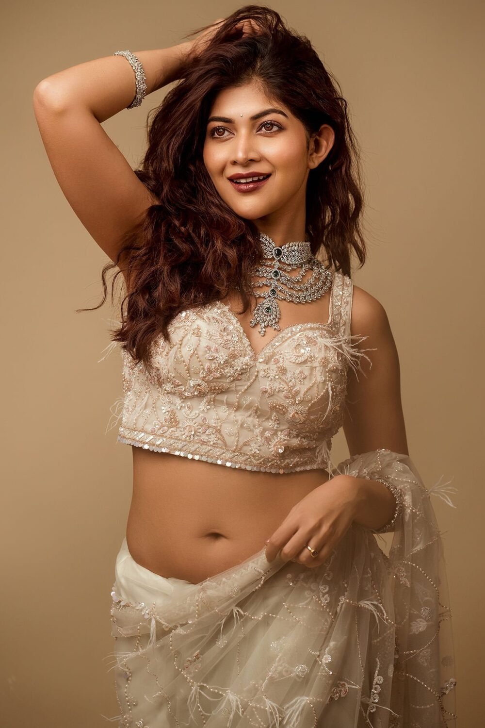 Coconut Milk Beige Pearl Embroidered Net Saree - Image 3