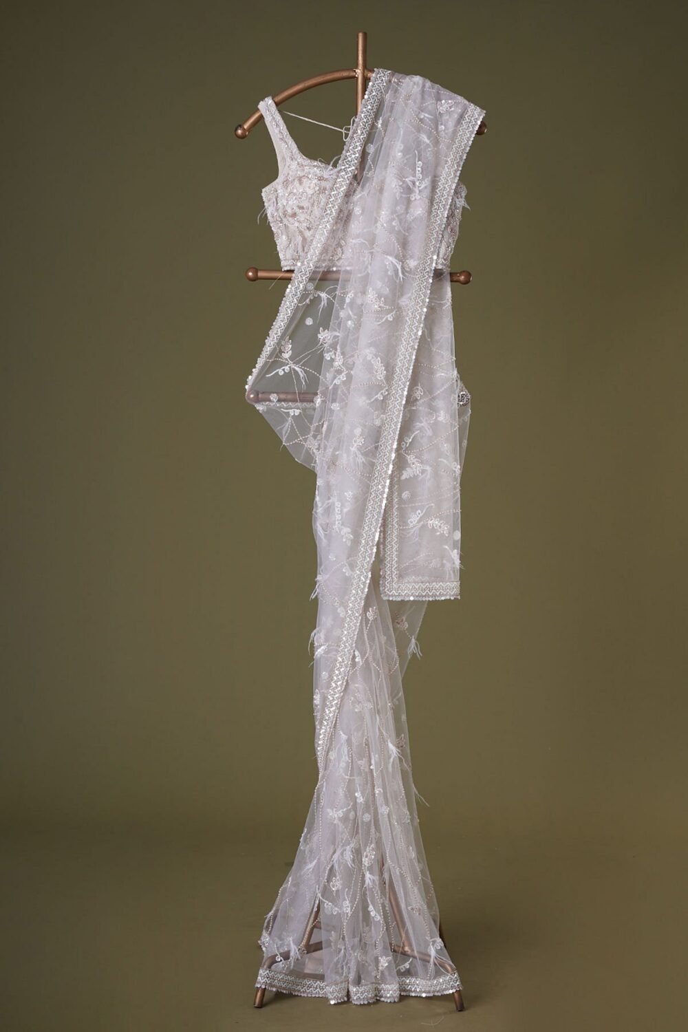 Coconut Milk Beige Pearl Embroidered Net Saree - Image 6