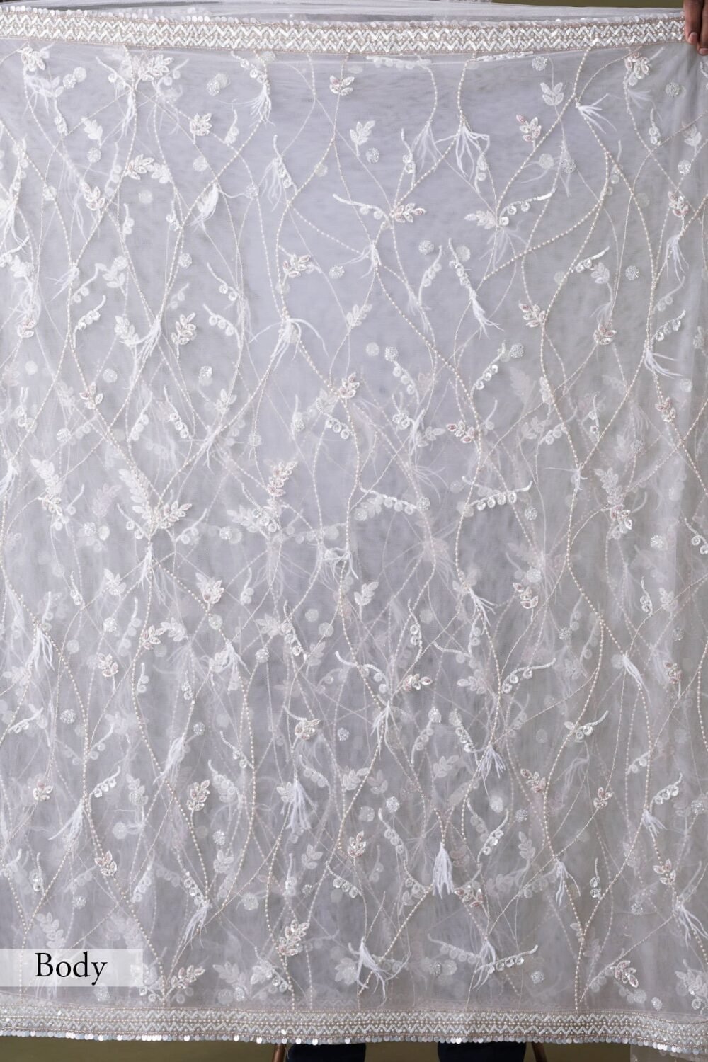 Coconut Milk Beige Pearl Embroidered Net Saree - Image 7
